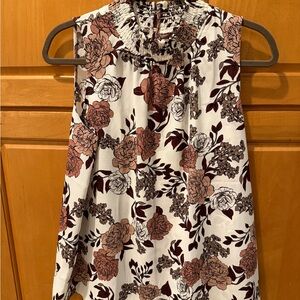 Ann Taylor White Floral Smocked Neck Sleeveless Top with Rust and Brown Flowers